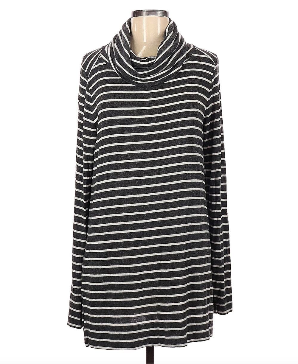 Ann Taylor Loft Grey White Stripe Knit Turtleneck Cowl Tunic Top S Small